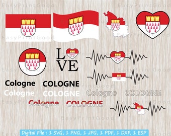 Köln Flagge SVG Bundle, Köln Karte, Liebe, Text Wort, Köln Nation Country Banner, winkend, Herz, Herzschlag, Kontur geschnittene Datei, Cricut SVG
