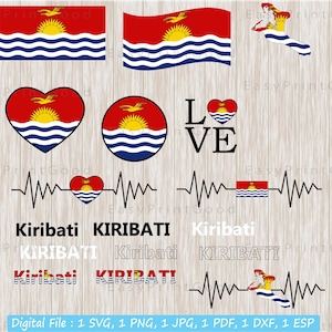Paquete SVG de bandera de Kiribati, contorno, palabra de texto, mapa de Kiribati, bandera ondeante de Kiribati, blanco y negro, corazón, latido del corazón, archivo cortado, Cricut Svg
