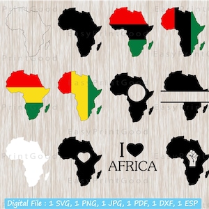 Afrika kaart SVG bundel, Afrika kaart SVG, Afro-Amerikaanse SVG, Black Power SVG, kaart van Afrika SVG, monogram frame, gesneden bestand, Cricut SVG