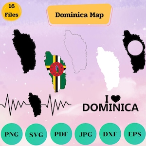 Bundle Svg de carte de la Dominique, contour de la Dominique, maison, clipart, amour, cadre monogramme, drapeau de la carte, carte cardiaque, battement de coeur, fichier coupé, Cricut
