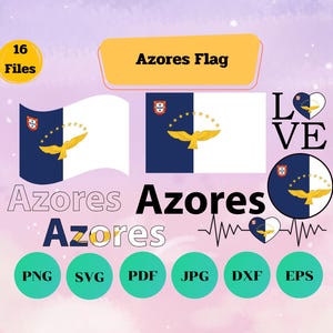 May include: A collection of digital designs showcasing the Azores flag. The image includes the text "Azores Flag" and file type icons, including PNG, SVG, and PDF. The design uses blue, white, and gold.