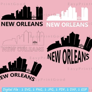 May include: Four different black and white illustrations of the New Orleans skyline. The skyline is depicted in a simple, stylized manner, with the most prominent features being the city's skyscrapers, the Mississippi River, and the French Quarter. The text "NEW ORLEANS" is included in each illustration.