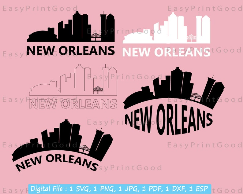 May include: Four different black and white illustrations of the New Orleans skyline. The skyline is depicted in a simple, stylized manner, with the most prominent features being the city's skyscrapers, the Mississippi River, and the French Quarter. The text "NEW ORLEANS" is included in each illustration.