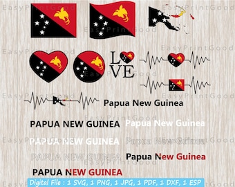 Papua New Guinea Flag Bundle Svg, Map, Papua New Guinea Clipart, Love, Waving, Flag Heart, Name Word Text Flag Country, Cut file, Cricut
