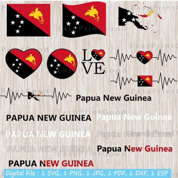 Papouasie-Nouvelle-Guinée Flag Bundle svg, Carte, Papouasie-Nouvelle-Guinée Clipart, Amour, Waving, Flag Heart, Nom Word Text Flag Country, Cut file, Cricut