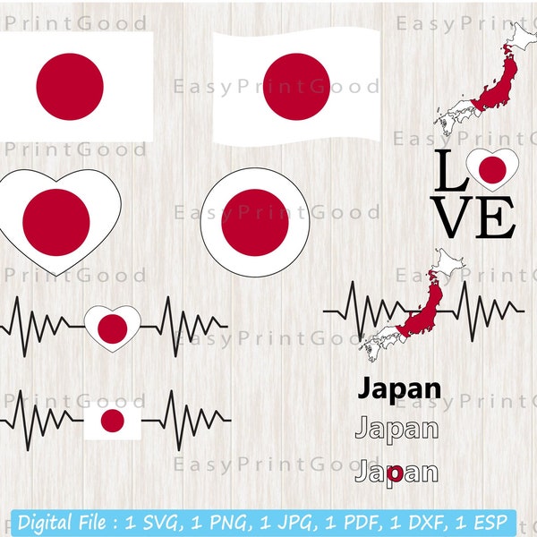 Japan Flag Bundle Svg, Love Japan, Japan Text Word Letter, Japan Waving Flag, Heart Japan, Japan Clip Art, Japan Flag Svg, Cut file, Cricut