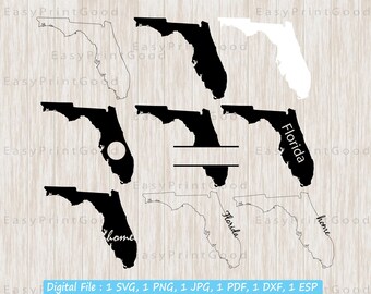 May include: A set of eight black and white Florida state outline SVG cut files. The outlines include the words "Florida", "home", and a blank space for personalisation. The text "Digital File: 1 SVG, 1 PNG, 1 JPG, 1 PDF, 1 DXF, 1 ESP" is at the bottom of the image.