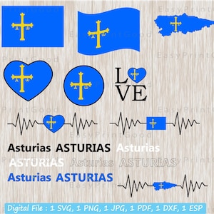 Paquete SVG de bandera de Asturias, ondulación, nombre, amor, mapa, latido del corazón, contorno, blanco y negro, corazón de la bandera de Asturias, palabra de texto, archivo cortado, cricut