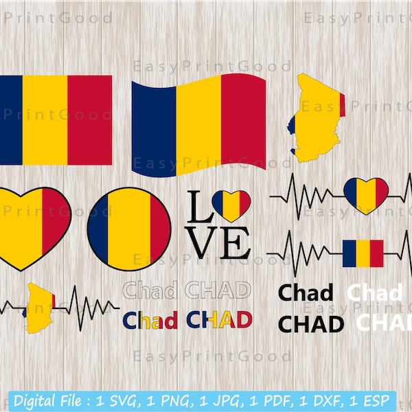 Chad Flag Svg Bundle, Chad Map Flag, Heartbeat, Text Outline, Chad Nation Country Banner, Text, Love, Waving, Cut file, Cricut & Silhouette