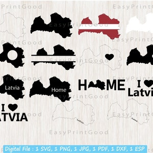 Letland Svg Bundel, Letland Outline, Letland Kaart Svg, Home, Letland Clipart, Liefde, Monogram Frame, Silhouet, Digitaal, Cut bestand, Cricut Svg