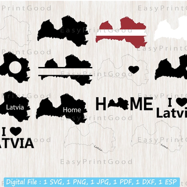 Latvia Svg Bundle, Latvia Outline, Latvia Map Svg, Home, Latvia Clipart, Love, Monogram Frame, Silhouette, Digital, Cut file, Cricut Svg