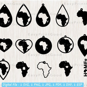 15 Africa Orecchino Svg, Africa Forme Orecchini Modello, Orecchino in Pelle, Africa Teardrop, Pendant Template Jewelry, Cut File, Cricut