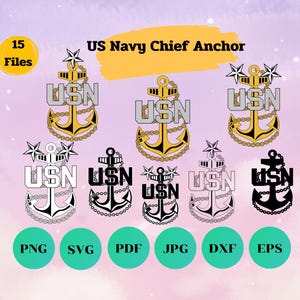 May include: Digital design featuring multiple US Navy Chief Anchor graphics in various colours, including gold, black, and white. The design includes the text "US Navy Chief Anchor" and file type icons such as PNG, SVG, and PDF. The image has a soft, purple and pink background.