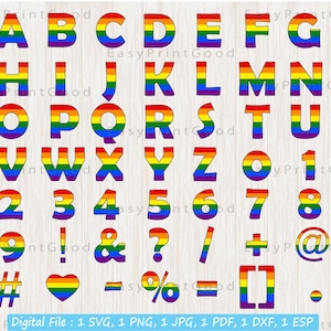 LGBT Alfabet en Cijfers Svg, LGBT Pride Font Svg, Gay Pride Alfabet, Regenboog Letters Svg, LGBT Bruiloft, Regenboog Lettertype, Cut bestand, Cricut