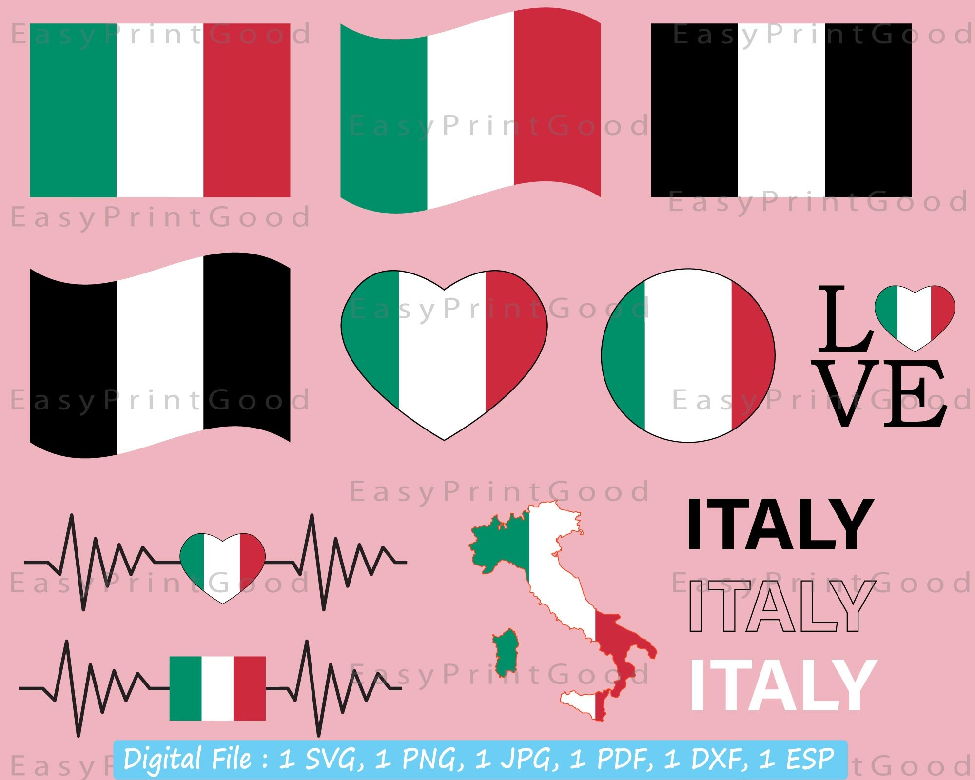 Italy Flag Bundle Svg, Italy National Flag Svg, Love Italy, Waving