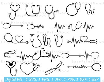 Stethoscope SVG Bundle: Nurse Heartbeat Clipart (Digital Download)