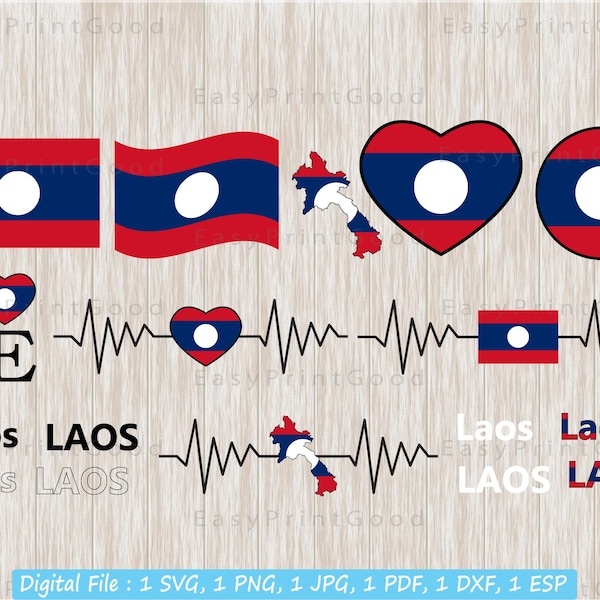 Laos Flag Svg Bundle, Laos Flag, Laos Name, Laos National Country Banner, Map, Love, Laos Flag Heart, Heartbeat, Text Word, Cut file,Cricut