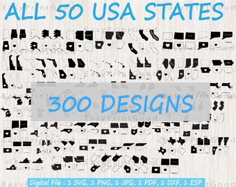 May include: A digital file containing 300 designs of all 50 US states. The designs are in black and white and include outlines of the states with and without hearts. The text "ALL 50 USA STATES" and "300 DESIGNS" is included in the image. The text "Digital File: 1 SVG, 1 PNG, 1 JPG, 1 PDF, 1 DXF, 1 ESP" is also included in the image.