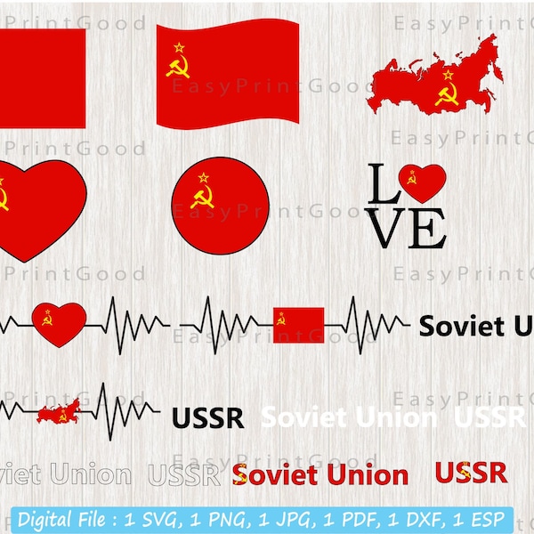 Soviet Flag Bundle Svg, Soviet Union National Flag, USSR Nation Country Banner, Love Soviet, Waving, Soviet Flag Heart, Cut file, Cricut