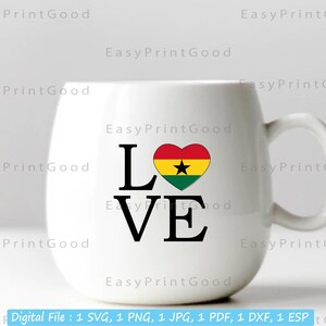 May include: White coffee mug with a black "LOVE" graphic and a red, yellow, green, and black heart with a black star in the center. The heart represents the flag of Ghana.