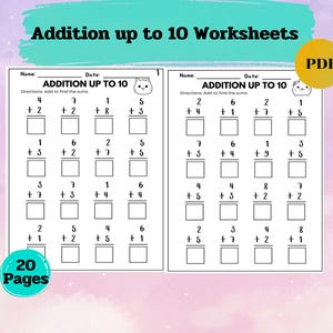 Könnte beinhalten: Zwei Arbeitsblätter mit Additionsaufgaben bis 10. Die Arbeitsblätter sind weiß mit schwarzem Text und enthalten den Titel "ADDITION UP TO 10" und die Anweisungen "Add to find the sums". Ein gelbes PDF-Symbol befindet sich in der oberen rechten Ecke.