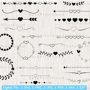 Pode incluir: Um conjunto de 12 elementos de design em forma de coração em preto e branco, incluindo flechas, coroas, bordas e molduras. Os elementos de design são perfeitos para adicionar um toque de romance aos seus projetos.