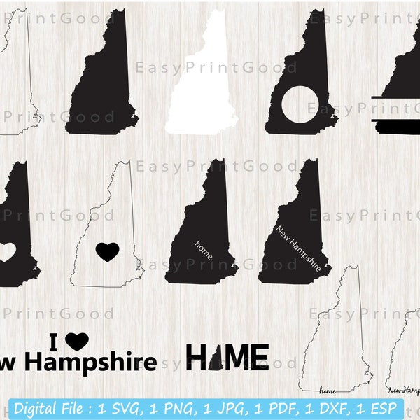 New Hampshire Svg Bundle, New Hampshire Clipart, New Hampshire Map Svg, New Hampshire State Outline, Monogram Frame, Home, Cut file, Cricut