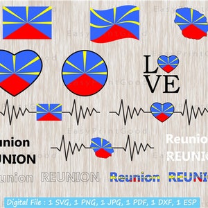 Reunion Flag Bundle Svg, Reunion Flag, Love, Waving, Rwanda Clip Art, Reunion Map, Heart, Text Word Letter, Heartbeat, Cut file, Cricut Svg