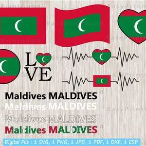 Maldivas Flag Svg Bundle, Maldives Flag, Love, Maldives Text Word, Heartbeat, Waving Flag, Heart Maldives, Cut file, Tshirt design,Cricut
