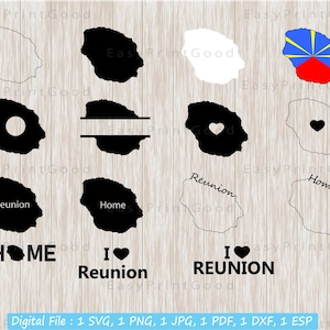 再会 SVG バンドル、再会アウトライン、再会マップ SVG、ホーム、ラ再会クリップアート、愛、モノグラムフレーム、シルエット、デジタル、カットファイル、クリカット