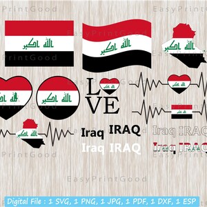 Irak Flagge Svg Bundle, Clipart, Text Wort Buchstabe, Liebe, Waving Irak National Flag, Karte, Irak Flagge Herz, Herzschlag, Plotterdatei, Cricut Svg