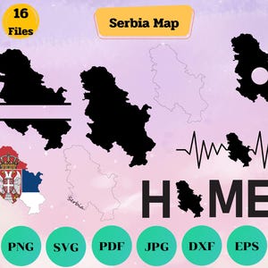 Paquete de mapas de Serbia en formato Svg, imágenes prediseñadas, contorno del mapa del país de Serbia, mapa de la bandera, marco de monograma, hogar, blanco y negro, me encanta, archivo de corte, Cricut