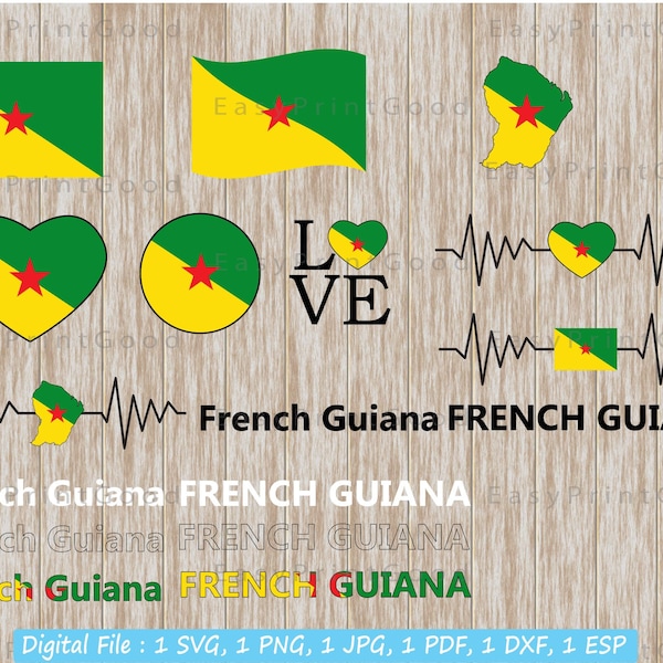 French Guiana Flag Svg Bundle, French Guiana Country, Love French Guiana,French Guiana Flag Waving, Heart, Template, Map, Cut file, Cricut