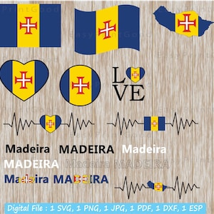 Madeira Flagge Bundle SVG, Madeira Nationalflagge, Liebe, winken, Madeira ClipArt, Herz Madeira Karte, Herzschlag, Textwort, Cut Datei, Cricut svg