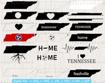 May include: A digital download of 10 different Tennessee state outline designs. The designs include a heart, a star, the state flag, and the words "Tennessee", "home", "H-ME HOME", "I love Tennessee", and "Nashville".