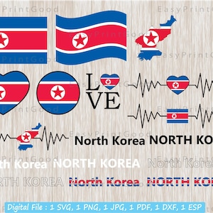 北朝鮮国旗バンドル SVG、愛、テキスト ワード レター、手を振る、北朝鮮のクリップ アート、国の旗、ハートの旗、ハートビート、カット ファイル、Cricut