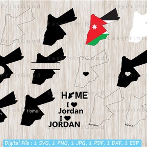 Jordanien Karte SVG Bundle, Jordanien Karte Flagge SVG, Jordanien Clipart, Kontur, Haus, Monogramm Rahmen, Ich liebe, Herz, Silhouette, ausgeschnittene Datei, Cricut SVG