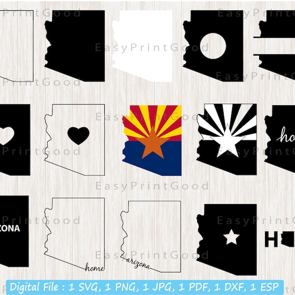 Arizona State Svg Bundle, Arizona Map Svg, Arizona State Clipart, Arizona Flag Map Svg, Arizona Outline, Monogram Frame, Cut file, Cricut