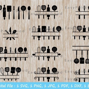 May include: A digital file set of 10 different kitchen utensil SVG designs. Each design features a different combination of kitchen utensils, including a whisk, spatula, rolling pin, knife, fork, spoon, and a slotted spoon. The designs are perfect for creating custom kitchen decor, personalized gifts, or crafting projects.