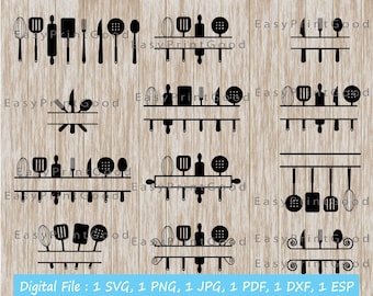 Split Kitchen Svg Spoon Fork Knife Clipart Kitchen Svg Kitchen Monogram Bundle cooking Svg Kitchen Silhouette Kitchen Frame Cut file Cricut