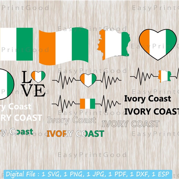 Ivory Coast Flag Bundle Svg, Côte d'Ivoire National Flag Svg, Love, Text Word, Waving, Ivory Coast Map ClipArt, Heart Map, Cut file, Cricut
