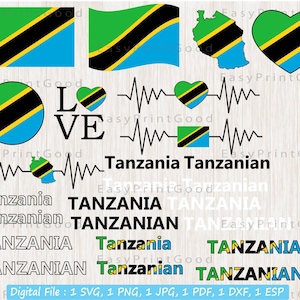 Tansania Flagge Bundle SVG, Tansania Nationalflagge SVG, Liebe Tansania, winken, Tansania Karte ClipArt, Tansania Flagge, Herz, Cut Datei, Cricut