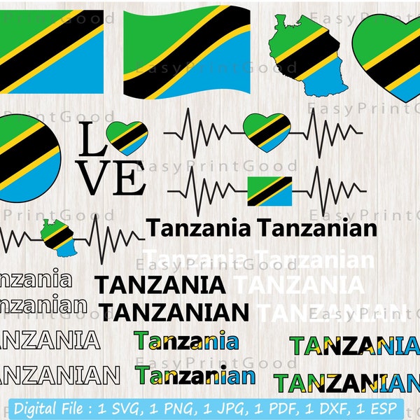 Tanzania Flag Bundle Svg, Tanzania National Flag Svg, Love Tanzania, Waving, Tanzania Map ClipArt, Tanzanian Flag, Heart, Cut file, Cricut