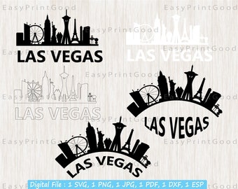 May include: Black and white silhouette of the Las Vegas skyline with the text "LAS VEGAS" underneath. The skyline includes the iconic Stratosphere Tower, the Bellagio Fountains, and the High Roller observation wheel.