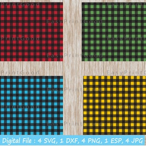 May include: Four digital paper patterns featuring a plaid design in red and black, green and black, blue and black, and yellow and black.