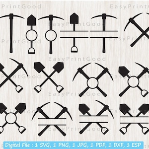 May include: A set of 10 black and white SVG cut files featuring various designs of crossed pickaxes and shovels. The designs include a single pickaxe and shovel, crossed pickaxes and shovels, and a circle with crossed pickaxes and shovels.