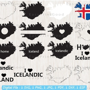 Islanda SVG Bundle, Islanda Mappa, Islanda Mappa Svg, Islanda Clipart, Islanda Contorno, Bianco e Nero, Monogramma Cornice, Cut file, Cricut
