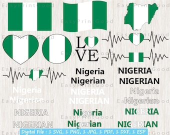 Nigeria Flag SVG Bundle: Nigerian Waving Flag, Heart, Text (Digital Download)