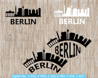Può includere: Silhouette in bianco e nero dello skyline di Berlino con la parola "BERLIN" scritta sotto. Lo skyline è mostrato in quattro diverse varianti, tra cui una linea retta, una linea curva e una linea curva con la parola "BERLIN" all'interno della curva.