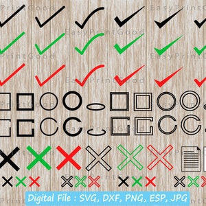 Op de afbeelding: Een digitale set bestanden met vinkjes, vierkanten, cirkels en X-markeringen in zwart, rood en groen. De set bestanden bevat ook een documenticuon. De tekst "Digitaal bestand: SVG, DXF, PNG, ESP, JPG" staat onderaan de afbeelding.